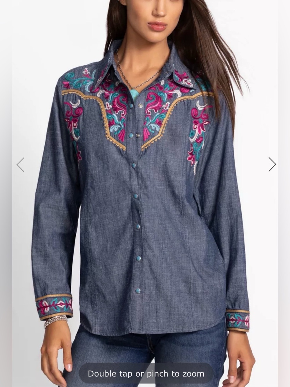 Johnny Was Western Seamed Yoke Shirt with Embroidery - Blue Denim - Sz L